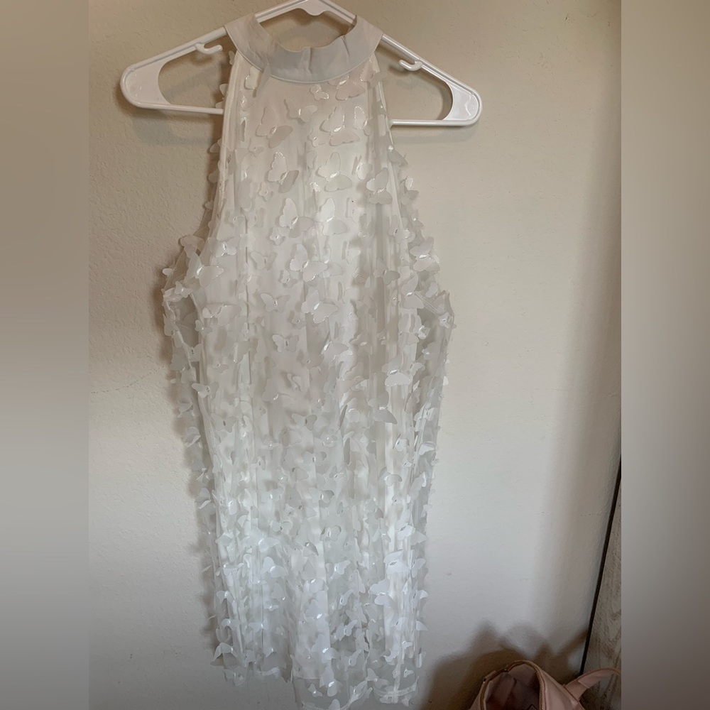 White butterfly high-neck dress
